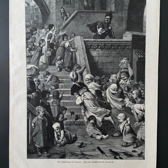 German Print, Antique, Pied Piper of Hamelin - Picture 2 of 5